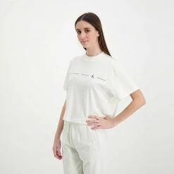 CALVIN KLEIN JEANS T-SHIRT CROP REPEAT LOGO DONNA Bianco -Strada Moda calvin klein jeans j20j217709 t shirt cropp repeat logo donna casual donna 044968901 yas 5