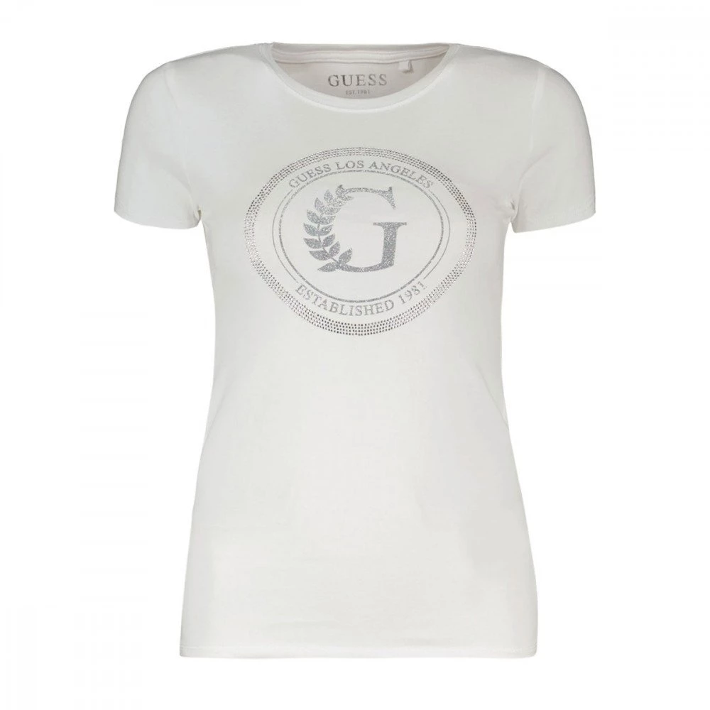 GUESS T-SHIRT STRETCH NEW LOGO CERCHIO DONNA Bianco 3 GUESS T-SHIRT STRETCH NEW LOGO CERCHIO DONNA Bianco