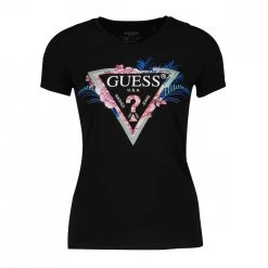 GUESS T-SHIRT SCOLLO V LOGO FLOREALE Nero