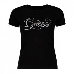 GUESS T-SHIRT LOGO STRASS CORSIVO DONNA Nero