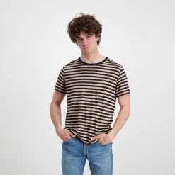 SUN 68 T-SHIRT IN LINO A RIGHE Beige, Blu 10 SUN 68 T-SHIRT IN LINO A RIGHE Beige, Blu -Strada Moda sun 68 t32137 t shirt in lino a righe casual uomo 044821001 0718 4