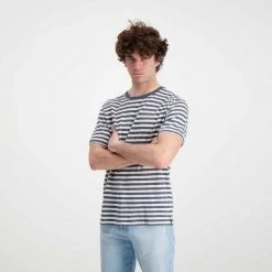 SUN 68 T-SHIRT IN LINO A RIGHE Bianco, Grigio -Strada Moda sun 68 t32137 t shirt in lino a righe casual uomo 044821201 9918 4