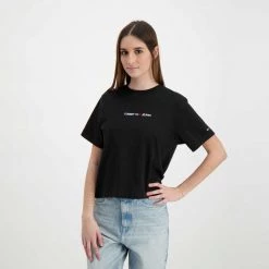 TOMMY JEANS T-SHIRT LINEAR LOGO DONNA Nero -Strada Moda tommy jeans dw0dw10057 t shirt linear logo donna casual donna 045112501 bds 5