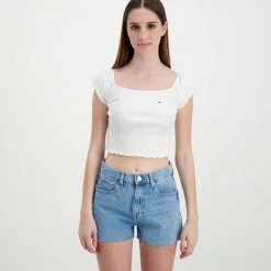 TOMMY JEANS T-SHIRT CROP SPALLE SCOPERTE DONNA Bianco -Strada Moda tommy jeans dw0dw12599 t shirt crop spalle scoperte donna casual donna 045113701 ybr 3