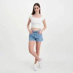 TOMMY JEANS T-SHIRT CROP SPALLE SCOPERTE DONNA Bianco -Strada Moda tommy jeans dw0dw12599 t shirt crop spalle scoperte donna casual donna 045113701 ybr 6