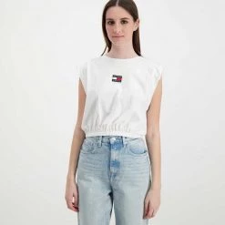 TOMMY JEANS CANOTTA CROP CON ELASTICO DONNA Bianco -Strada Moda tommy jeans dw0dw12609 canotta crop con elastico donna casual donna 045113901 ybr 3