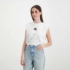 TOMMY JEANS CANOTTA CROP CON ELASTICO DONNA Bianco -Strada Moda tommy jeans dw0dw12609 canotta crop con elastico donna casual donna 045113901 ybr 5