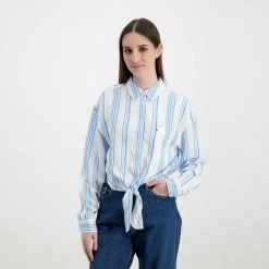 TOMMY JEANS CAMICIA CON NODO DONNA Azzurro, Bianco -Strada Moda tommy jeans dw0dw12901 camicia con nodo donna casual donna 045115401 cy0 5