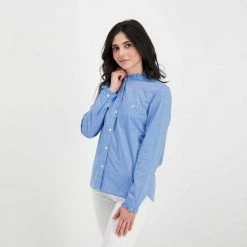 WOOLRICH CAMICIA CHAMBRAY VOLANT DONNA Azzurro -Strada Moda woolrich cfwwsi0115frut2910 camicia collo guru in chambrais donna casual donna 044675901 308 5