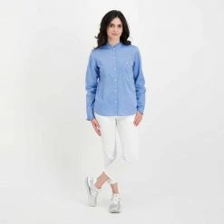WOOLRICH CAMICIA CHAMBRAY VOLANT DONNA Azzurro -Strada Moda woolrich cfwwsi0115frut2910 camicia collo guru in chambrais donna casual donna 044675901 308 6